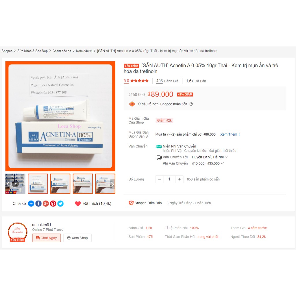 [Mã COS1904 giảm 8% đơn 300K] [Có Bill] Tretinoin 0.05% - tretinoin 0.025% Acnetin A Kem đẩy mụn Retin A Thái mới | BigBuy360 - bigbuy360.vn