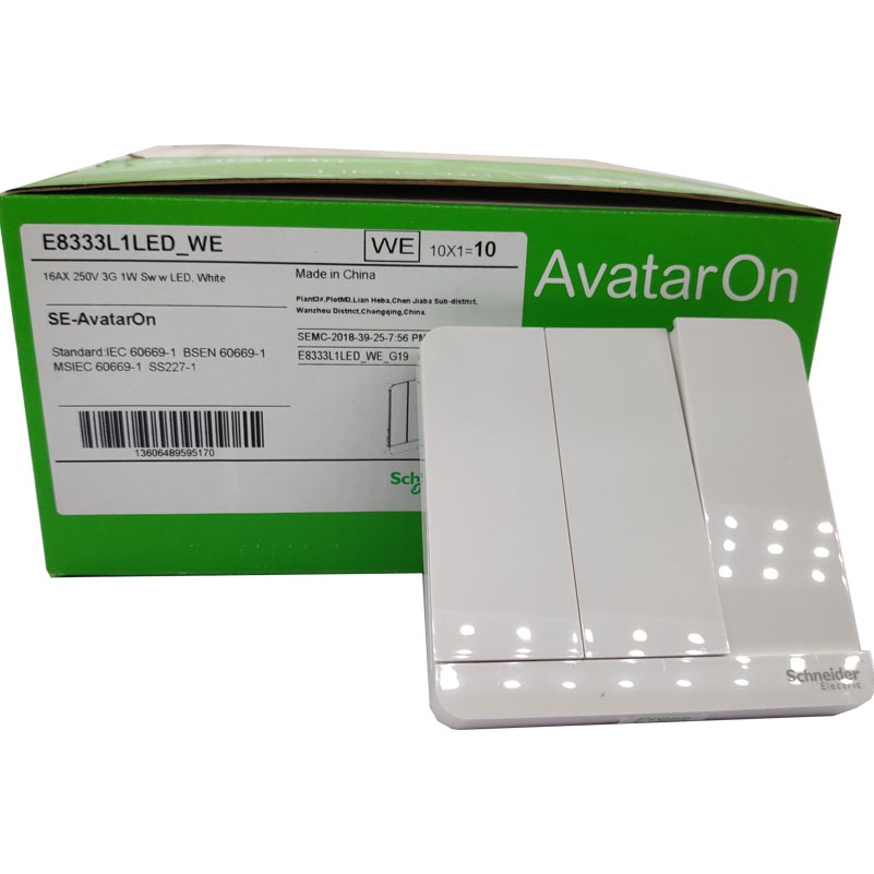Bộ công tắc ba 1 chiều Schneider E8333L1LED_WE_G19 - 16A có đèn LED hiển thị màu trắng dòng AvatarON