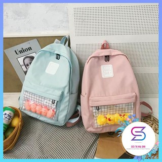Balo Đi Học Ulzzang Hàn Quốc Vải Chống Thấm 2 Màu Xanh, Hồng Cực Xinh Tặng Kèm Thú Cao Su