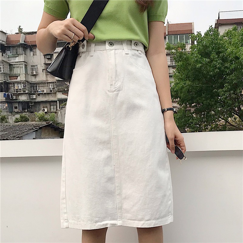 Chân váy Jean cạp cao siêu đẹp - Hai Màu Trắng và Xanh