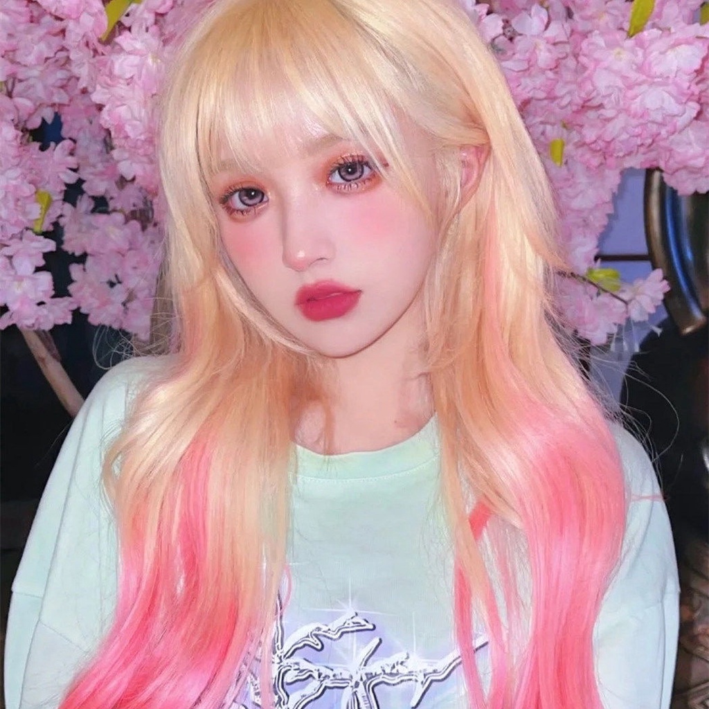 Bộ Tóc Giả Dài Xoăn Gợn Sóng Màu Hồng Bạch Kim Phong Cách lolita Dành Cho Nữ