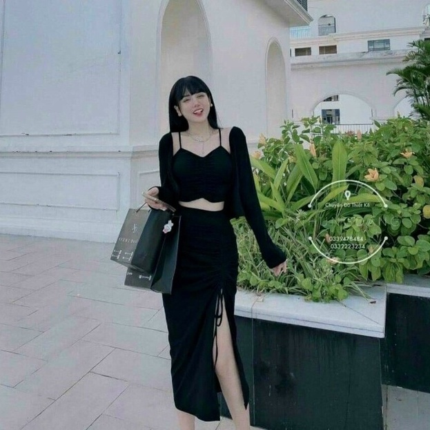 Sét đầm rút dây chân váy xẻ tả phối áo khoác mẫu thiết kế trẻ trung năng động phù hợp mọi phong cách