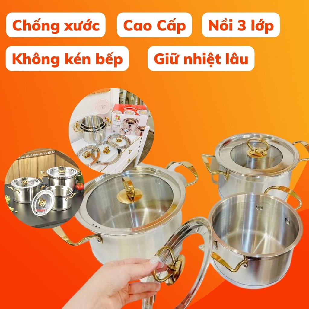 Bộ nồi Misu Louis Inox Cao Cấp 3 món chính hãng cao cấp - Đáy 3 lớp phù hợp tất cả các loại bếp