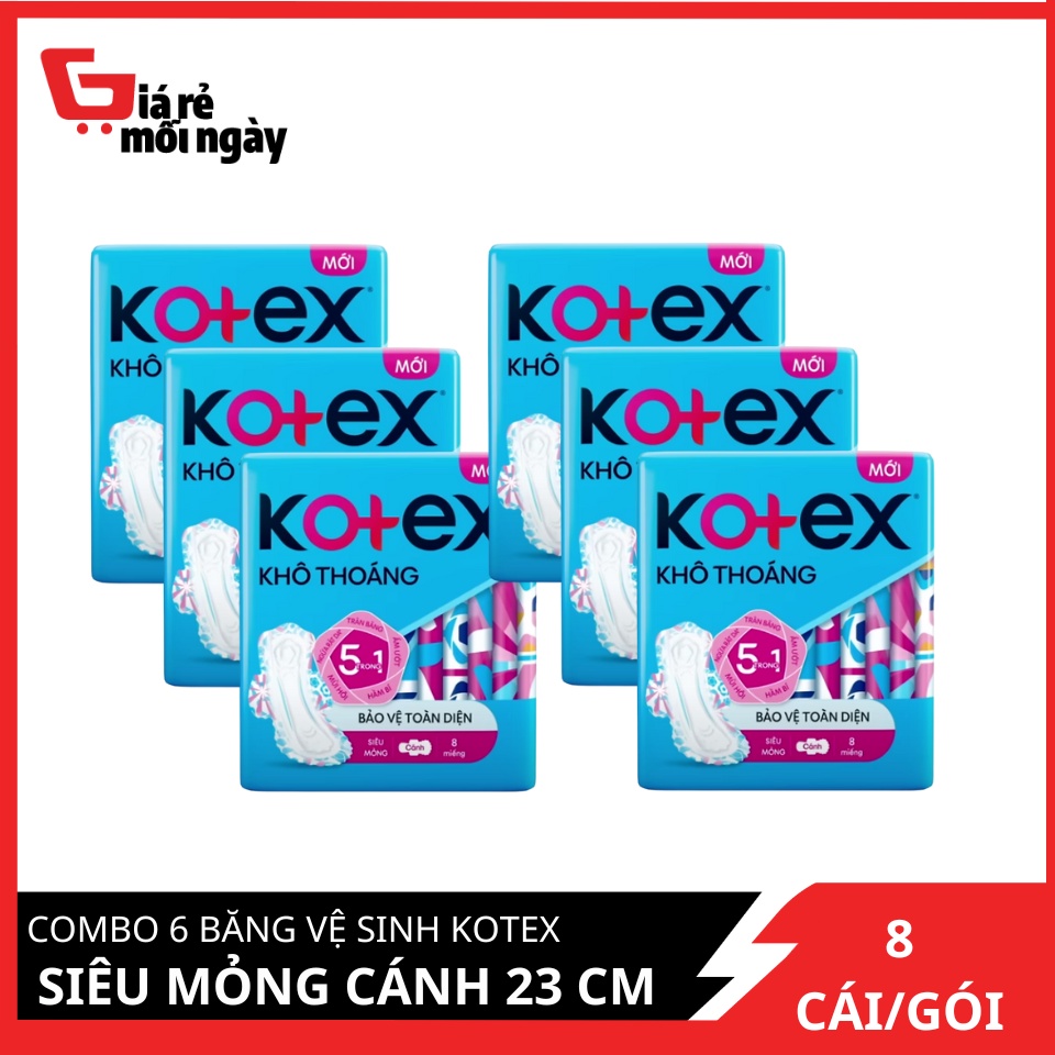 Combo 6 Băng vệ sinh Kotex Khô thoáng siêu mỏng cánh 23cm 8 miếng