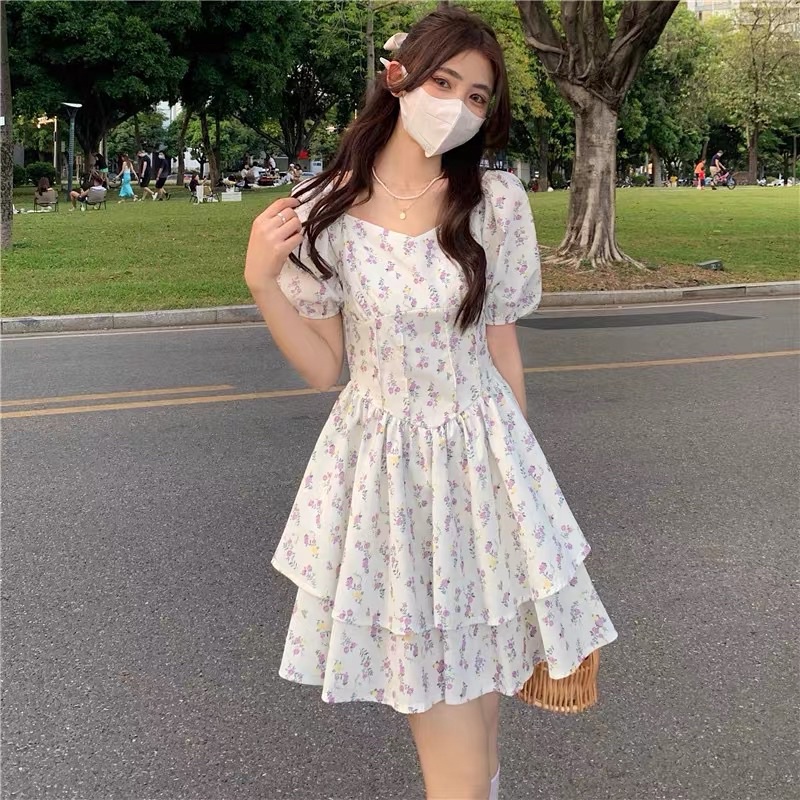 Váy hoa nhí trễ vai dáng xòe hot girl đầm công chúa tay phồng vintage cá tính