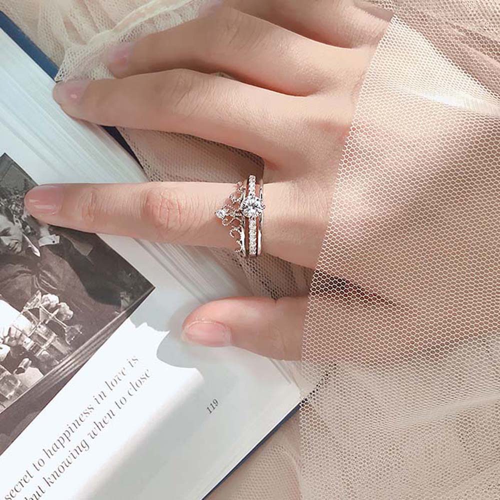 Nhẫn hở hình vương miện đính đá zircon 2 trong 1 thời trang