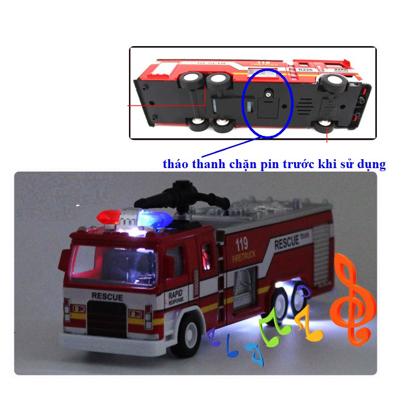 Xe cứu hỏa mini bằng sắt tỉ lệ 1:32 có đèn và âm thanh mô hình xe ô tô đồ chơi trẻ em