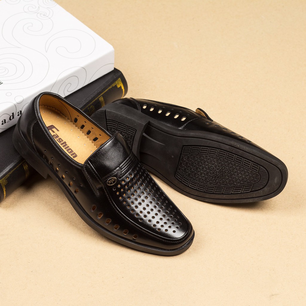 Giày da thật đục lỗ quanh thân, cho người trung tuổi, hai màu đen và nâu, bảo hành 12 tháng PL061 - PELLE SHOES