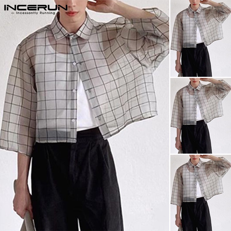 Áo sơ mi croptop INCERUN tay ngắn dáng rộng cài khuy kẻ sọc ca rô thời trang cho nam