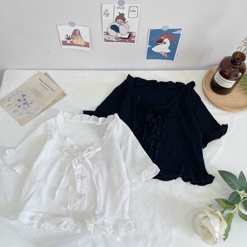 Áo viền bèo nút bọc cột nơ croptop - B0N