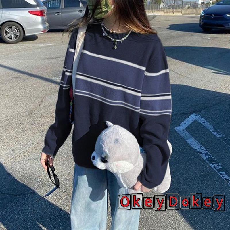 Áo Sweater Dệt Kim Y2K Dáng Rộng Co Giãn Phối Màu Tương Phản Cổ Điển Cho Nữ