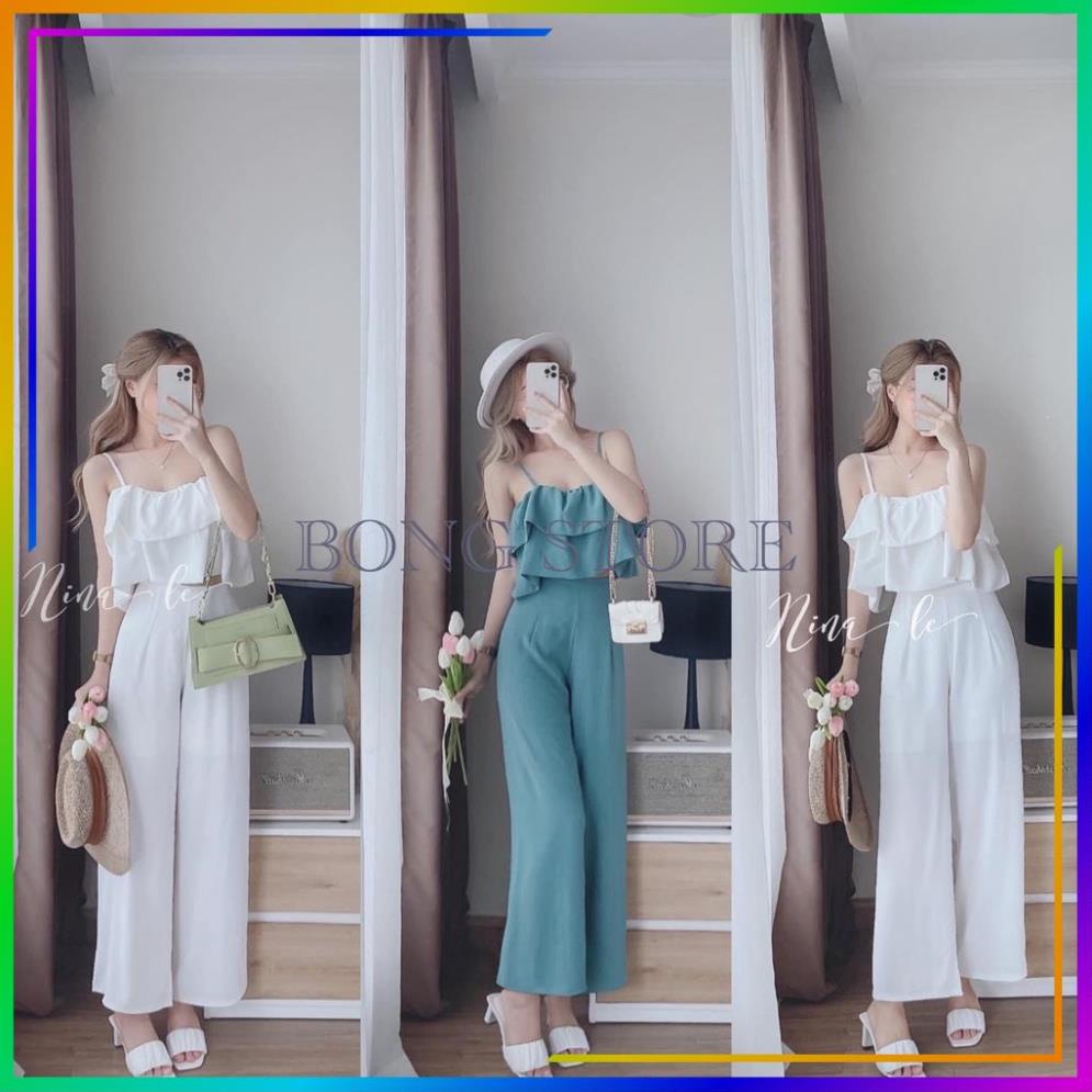 Set đồ nữ sang chảnh, Set bộ nữ áo bèo tầng 2 dây mix quần ống suông xịn sò mềm đẹp mặc đi biển.