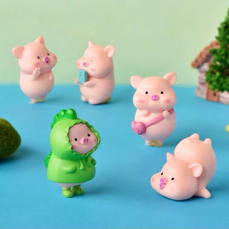 Set 6 mô hình heo hồng, tượng heo dưa hấu tiểu cảnh đáng yêu Ráp trang trí bàn làm việc, bàn học, để xe taplo ô tô