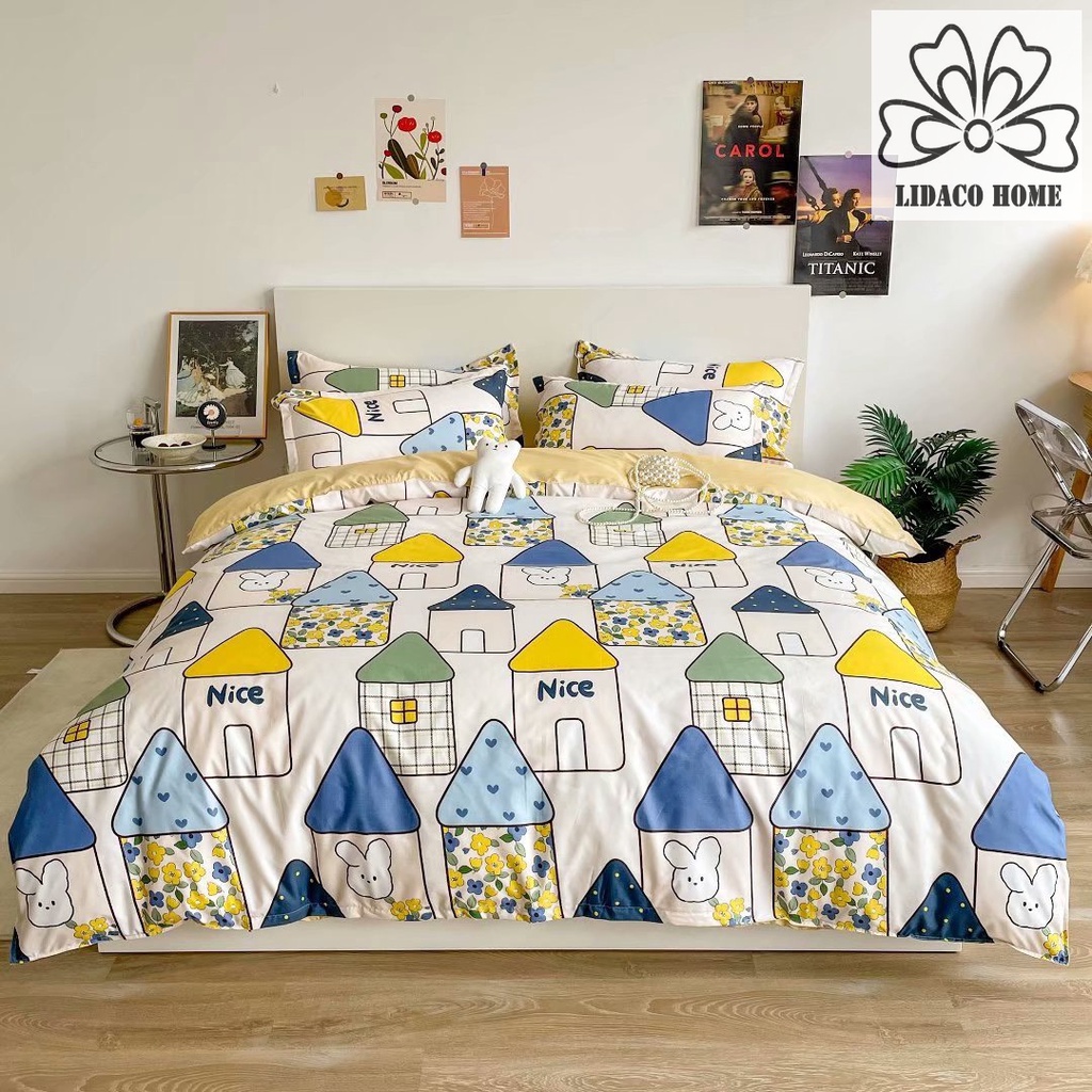 Bộ chăn ga gối cotton poly 2 mặt Lidaco decor phòng ngủ vintage - Ngôi nhà dâu tây ( SP001458)