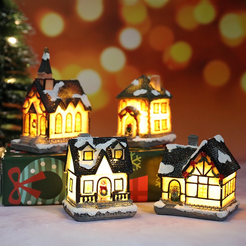 Ngôi nhà tiểu cảnh bằng nhựa resin có đèn LED phát sáng dùng trang trí nhà cửa dịp Giáng Sinh