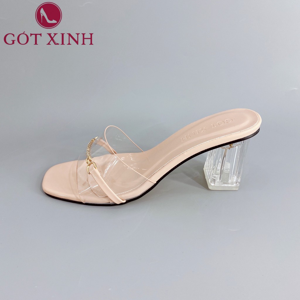 Dép cao gót nữ GÓT XINH D3 mũi vuông quai ngang chất mika đính đá đế cao 5cm
