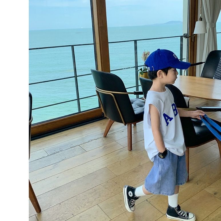 [Babycat] Hàng Có Sẵn Áo Thun Cotton Trơn Không Tay Dáng Rộng In Chữ Phong Cách Hàn Quốc Nhật Bản / Trung Bình / Mùa Hè Cho Trẻ Em