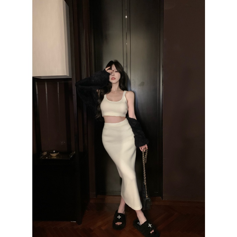 Set Áo Khoác Cardigan Dài Tay Cổ Chữ V + Áo Sát Nách + Chân Váy Ôm Thời Trang Dành Cho Nữ