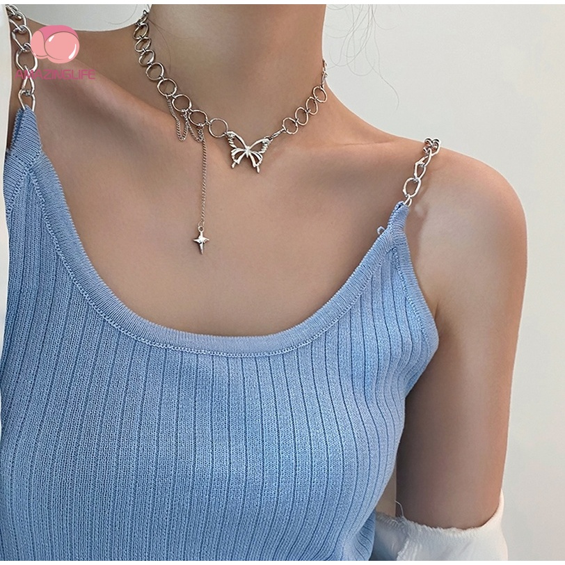 Vòng cổ Ngắn / Vòng cổ Tua Rua Hình Bướm Rỗng Màu Bạc Phong Cách Gothic Hàn Quốc Thích Hợp Dự Tiệc