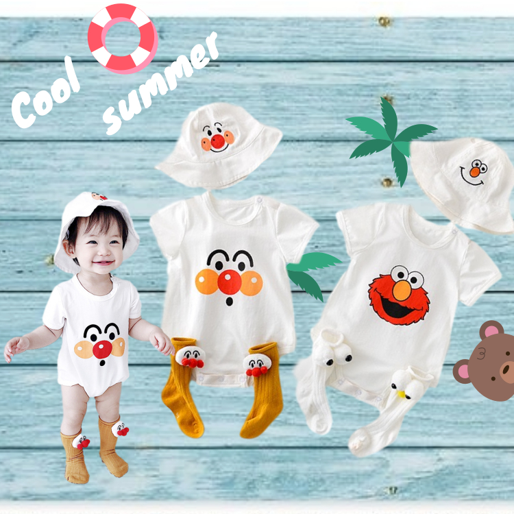 Bộ áo liền quần ngắn tay + mũ in họa tiết hoạt hình xinh xắn dễ thương cho bé