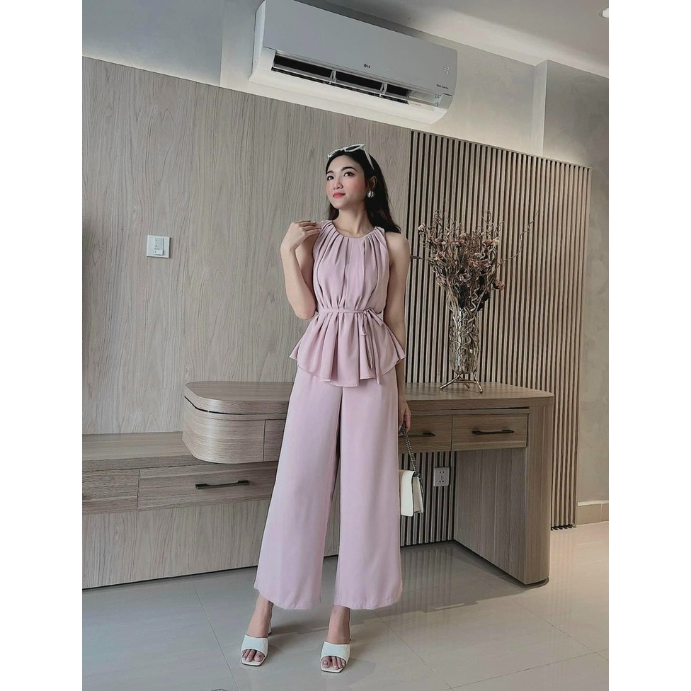 [Set bộ] Set áo và quần đi chơi phon cách cá tính với quần dài ống rộng kèm áo kiểu nữ cổ yếm có dây gút eo