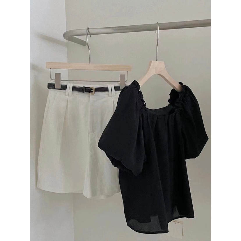 (SALE) Áo sơ mi tay ngắn cổ vuông freesize, Áo tay bồng che khuyết điểm tay to, 2 màu Trắng Đen