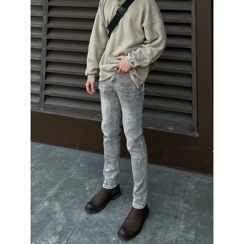 Quần Jean Nam Xám Khói Chất Bò dày co giãn không ra màu Dáng Ôm Vừa