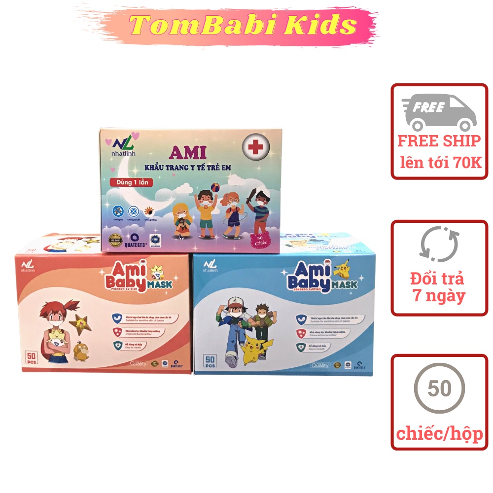 Khẩu trang y tế trẻ em hộp 50 chiếc, khẩu trang cho bé AMI Kids