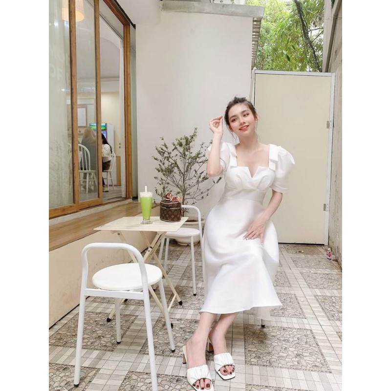 Đầm midi trắng nơ vai tay búp