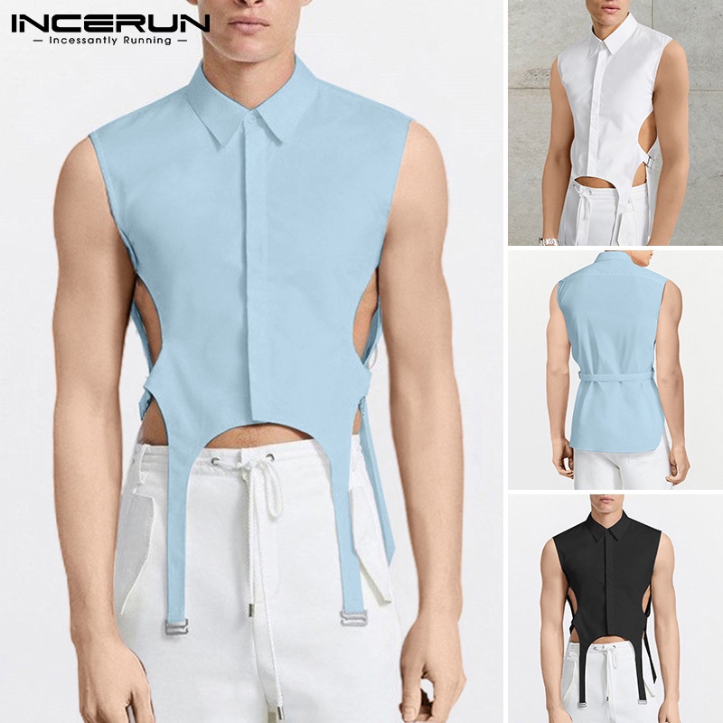 Áo sát nách INCERUN phối nút thời trang cho nam 3 màu lựa chọn