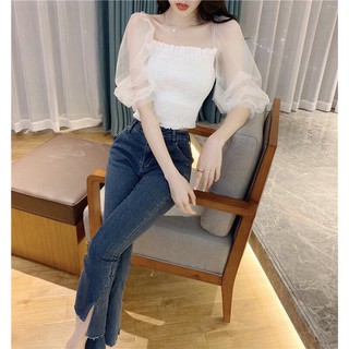 Áo Kiểu Nữ Trễ Vai Phối Tay Lưới Trẻ Trung Xinh Xắn EVA AO 30185