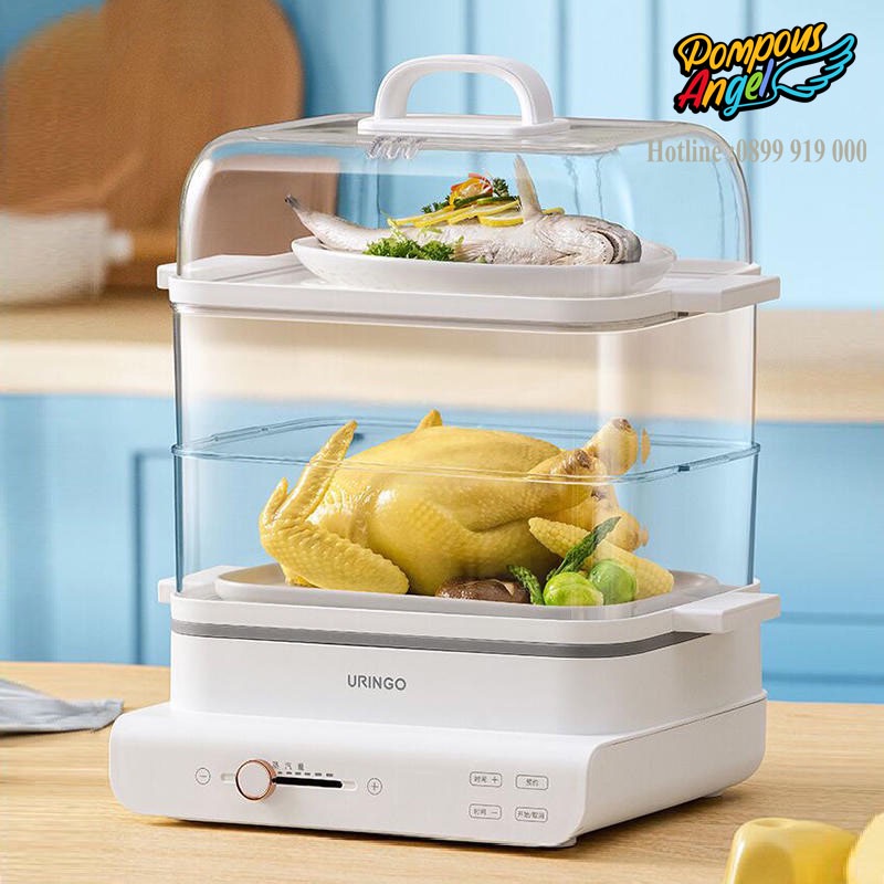 Nồi hấp thực phẩm 3 tầng URINGO 18L màu trắng, hơi nước nhiều ,chín nhanh, bảo hành 12 tháng