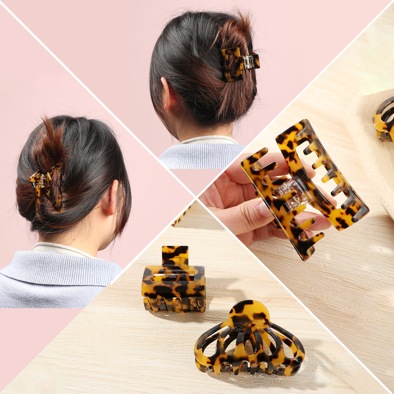 XIANSTORE Women Tortoise Claw Ponytail Holder Hair Clip Acrylic Rectangle Leopard Print Non-Slip Strong Hold Barrette Long Hair
