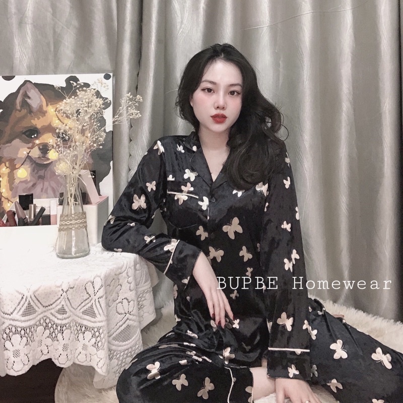 Đồ bộ thu đông nữ, bộ nhung nhật họa tiết hình bướm nền đen BUPBE HOMEWEAR, pyjama, bộ mặc nhà dài tay, đồ ngủ bigsize
