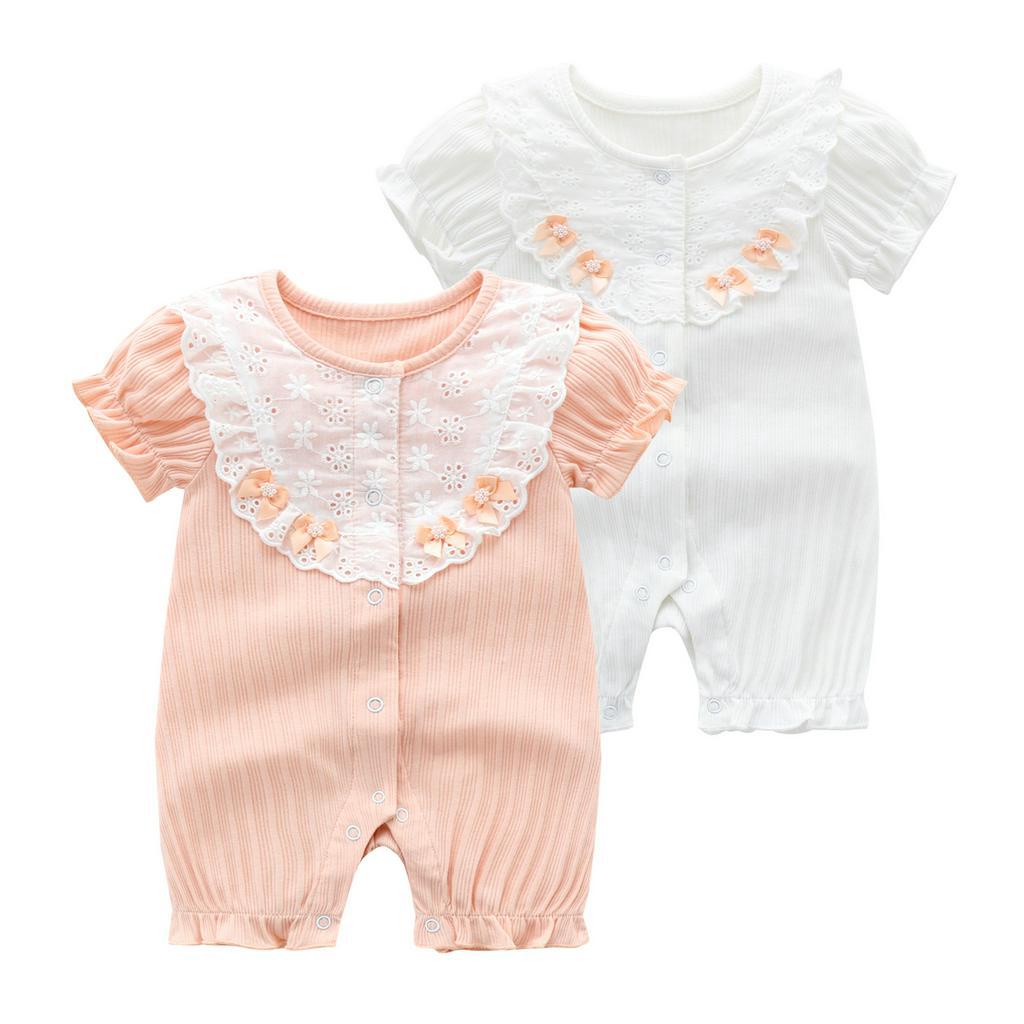 Bodychip áo liền quần sơ sinh cộc vạt nơ hồng cho bé gái Calcy Baby 016