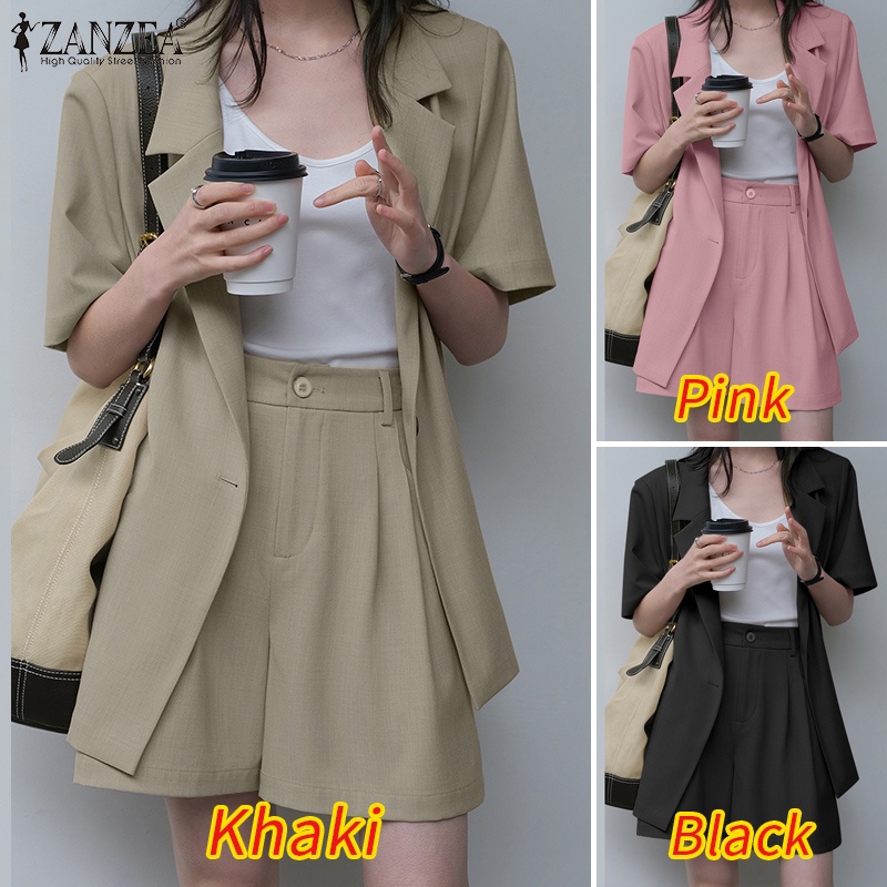 Set đồ thời trang công sở ZANZEA gồm áo tay ngắn + quần short lưng thun có khóa kéo màu trơn cho nữ