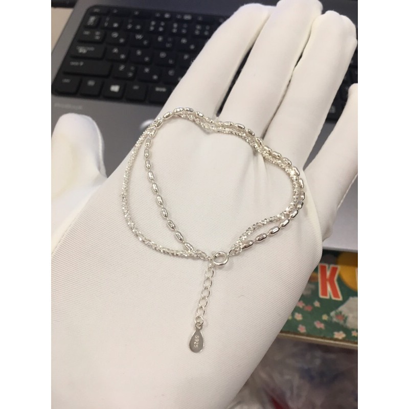 Lắc tay bạc dây đôi lâp lánh saquin và hạt gạo bạc 925-Minh Tâm Jewelry