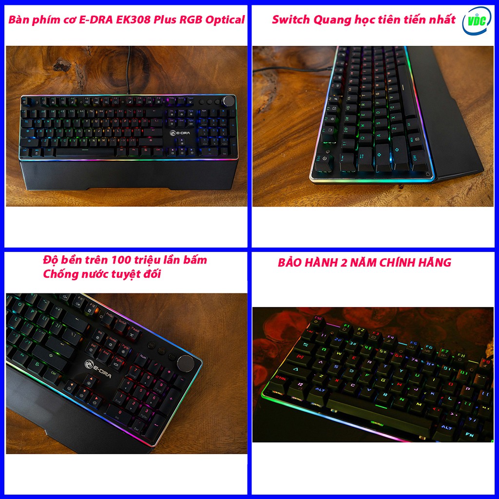 Bàn phím cơ E-DRA EK308 Plus - Đèn led RGB - Phiên bản nâng cấp, có thêm các phím Multimedia - Chống nước - BH 2 năm