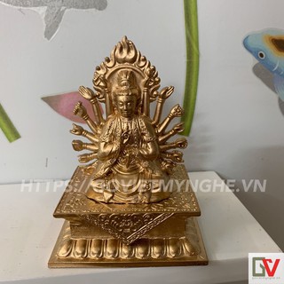 Tượng Đá Phật Bà Quan Âm Nghìn Tay Nghìn Mắt - Màu Nhũ Vàng - Cao 12cm