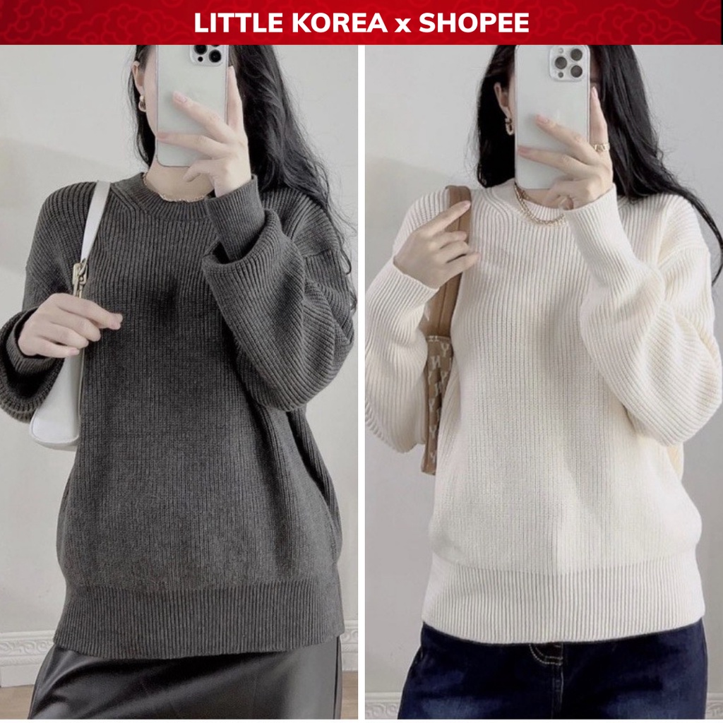 Áo Len Nữ Cổ Tròn Dài Tay Dáng Suông Trơn Màu Z - LITTLE KOREA