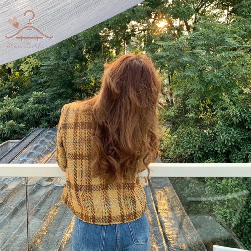 Áo khoác dạ tweed nữ màu nâu vàng mùa thu đông phong cách Hàn Quốc
