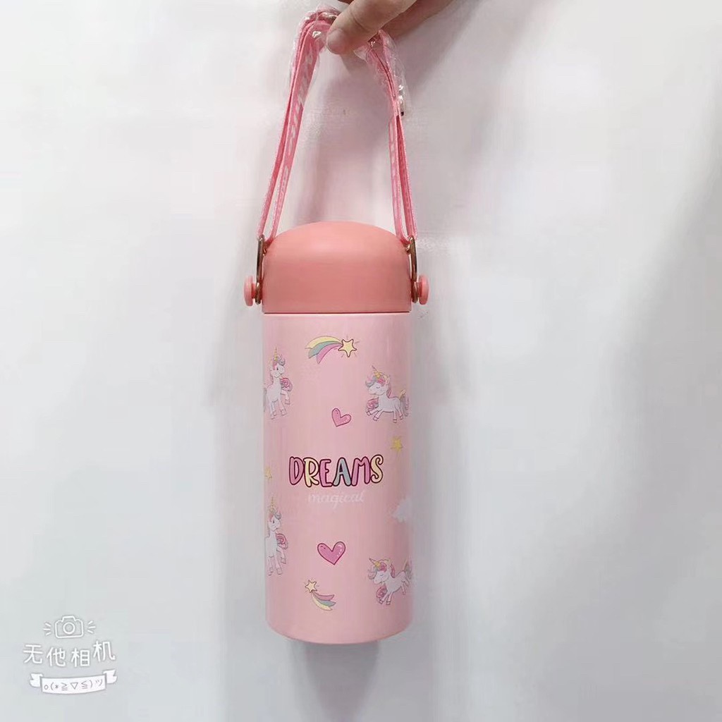 Bình giữ nhiệt unicorn 300ml có dây sách BGN008 Buzz, màu sắc loang cá tính dễ thương xinh xắn cute