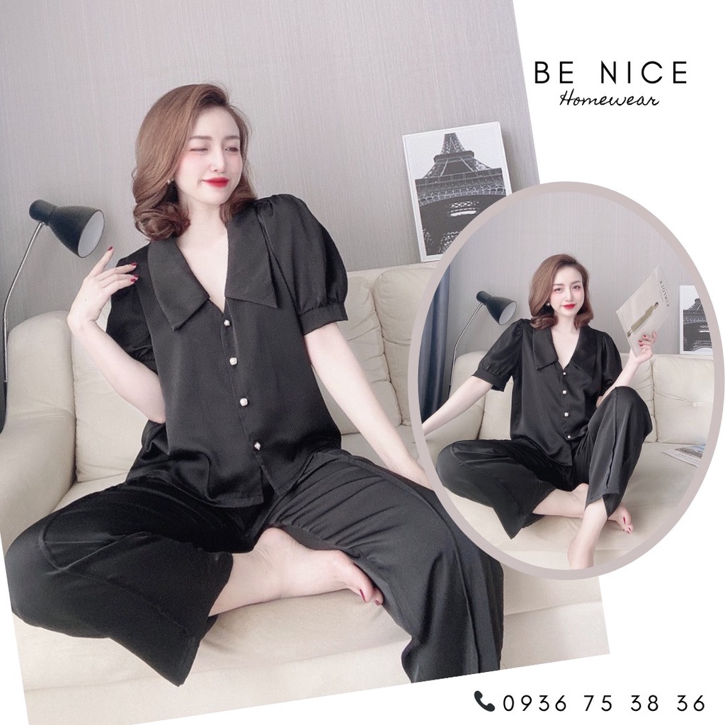 Set lụa dài cổ bẻ phối nút tay phồng xinh xắn cho nàng nhà Be Nice Homewear