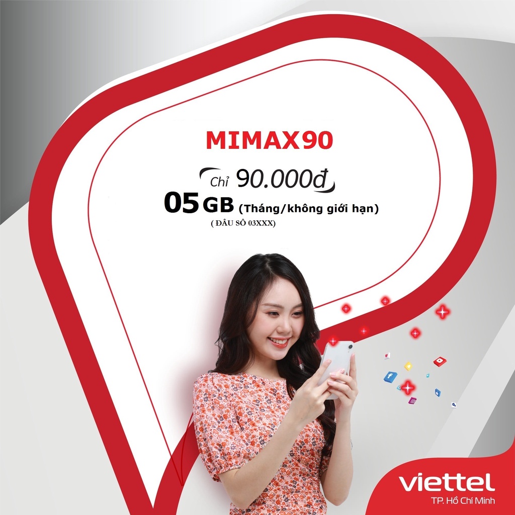 Sim 4G Viettel gói MIMAX90 miễn Phí 5GB tháng đầu số 09xxx