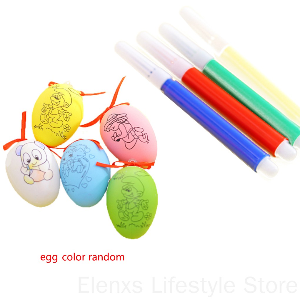 Easter Gift Plastic DIY Painting Egg Toy Party Favors with 4 Drawing Pens Ornament Random Color ELEN