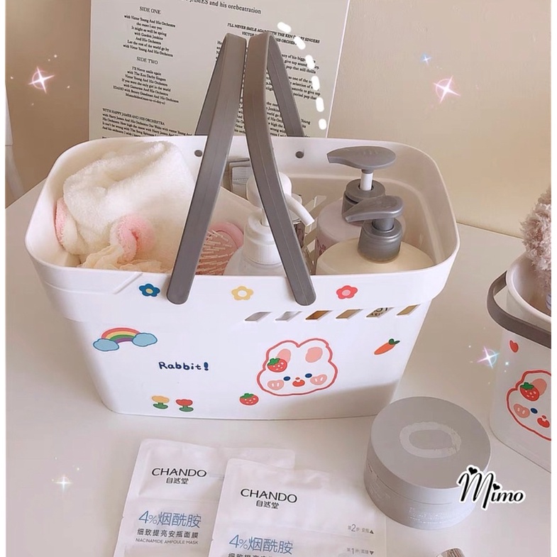 Giỏ nhựa đựng đồ đa năng có quai cầm, Rổ nhựa chữ nhật 2 màu pastel xinh xắn (TẶNG KÈM STICKER)