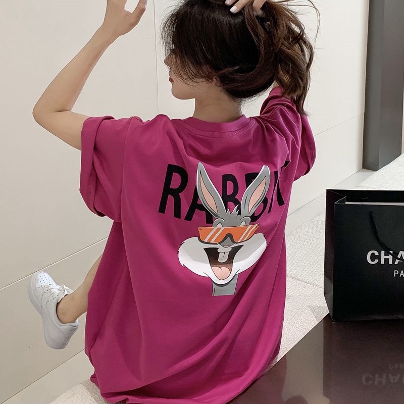 Áo Thun Ngắn Tay Dáng Rộng In Hình Thỏ Hoạt Hình Xinh Xắn