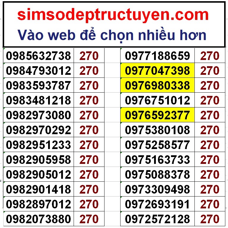 Sim số đẹp đầu 098, 097 trả trước giá 270k