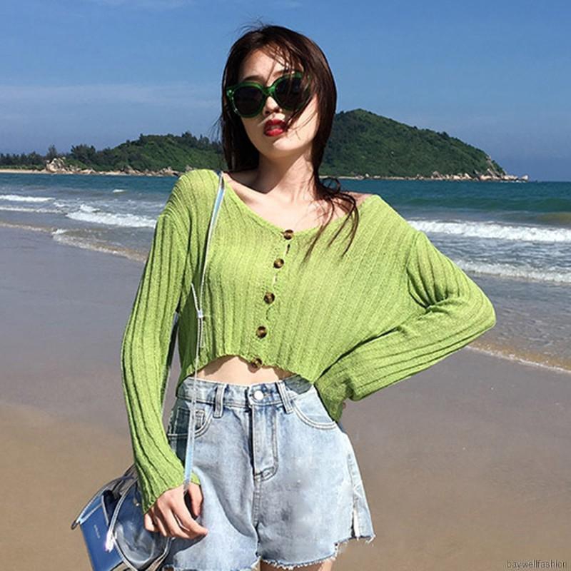 [Baywellfashion]Áo Cardigan dệt kim tay dài cổ chữ V chống ánh nắng mỏng | BigBuy360 - bigbuy360.vn