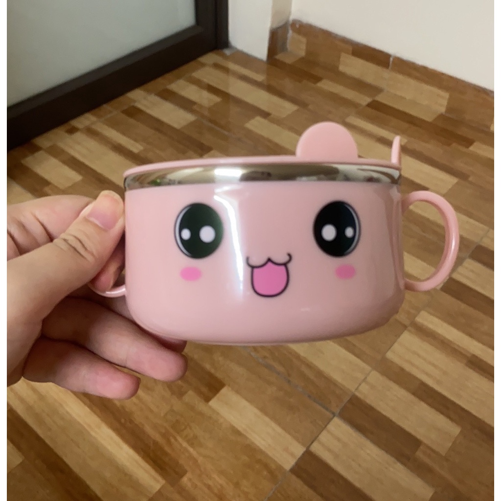 Bát ăn dặm cho be bộ chén inox kèm thìa kiểu Nhật trai gái hình gấu xanh hồng 2X MART